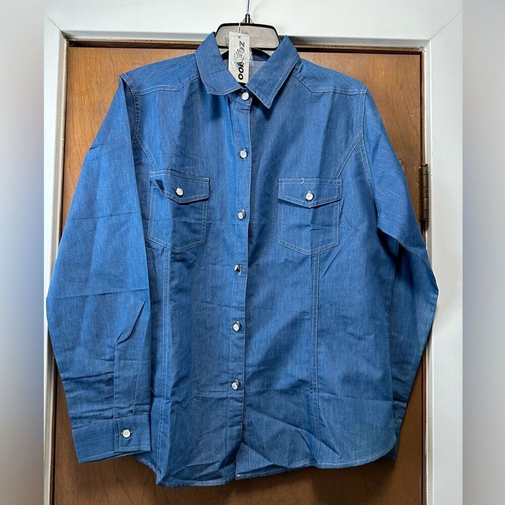 Zeagoo Blue Denim Snap Button Up Western Shirt Size L Pearl Snap (229)
